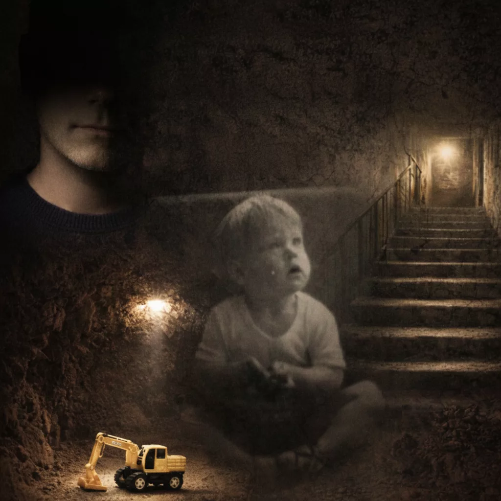 Moody collage of a shadowed man’s face, a small child, and a stairway leading to light, with a toy excavator in the foreground.