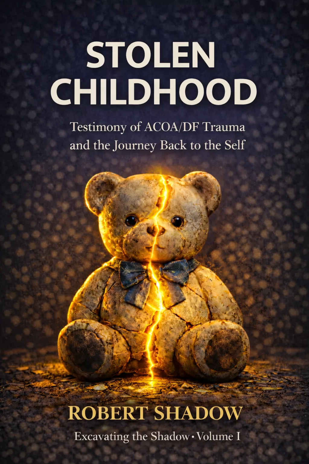Book cover: “Stolen Childhood” by Robert Shadow (Excavating the Shadow, Volume I) — a cracked teddy bear on a dark background.