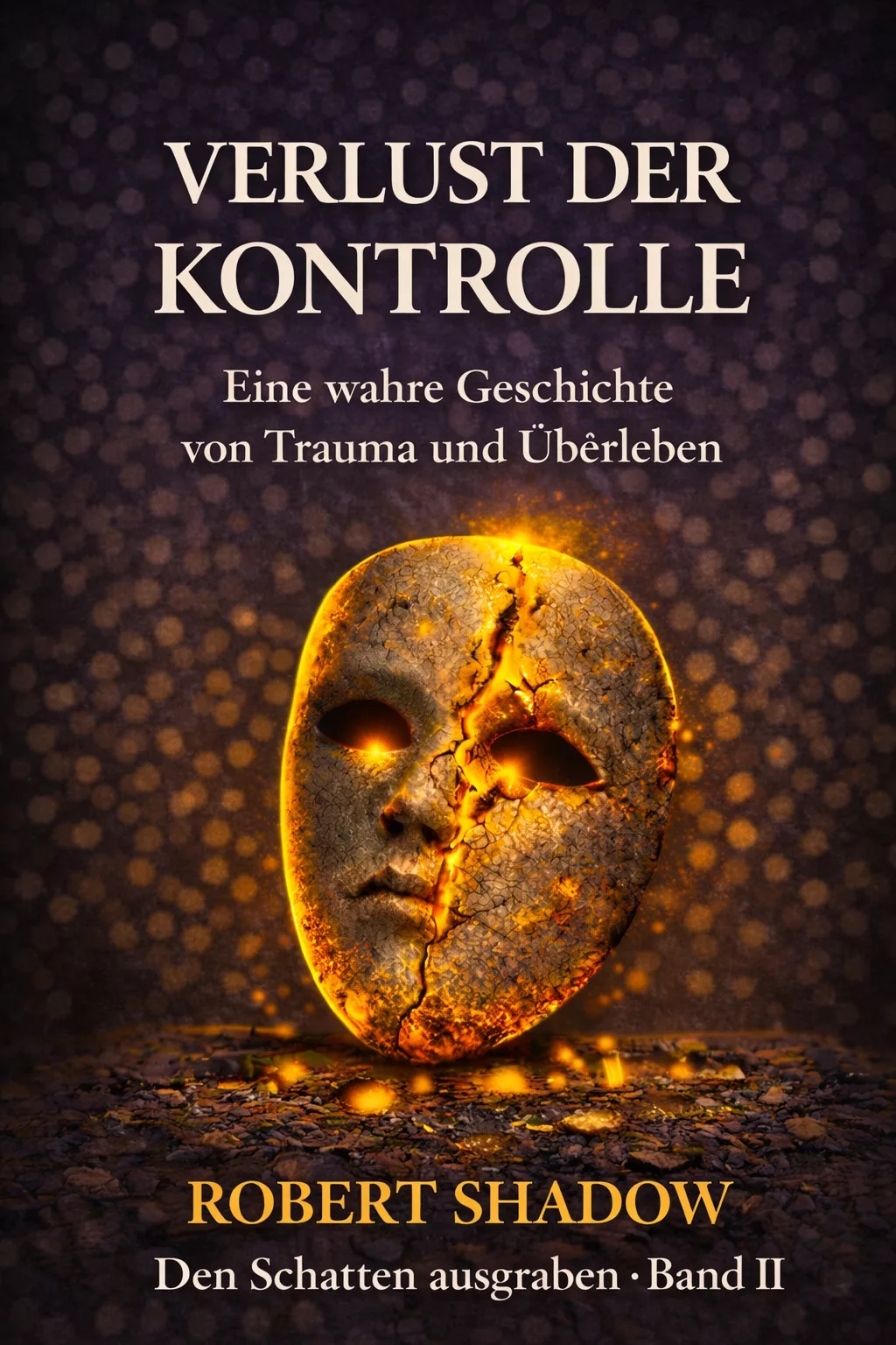Buchcover: „Verlust der Kontrolle“ von Robert Shadow (Den Schatten ausgraben, Band II) — eine zerbrochene Maske mit leuchtenden Rissen.