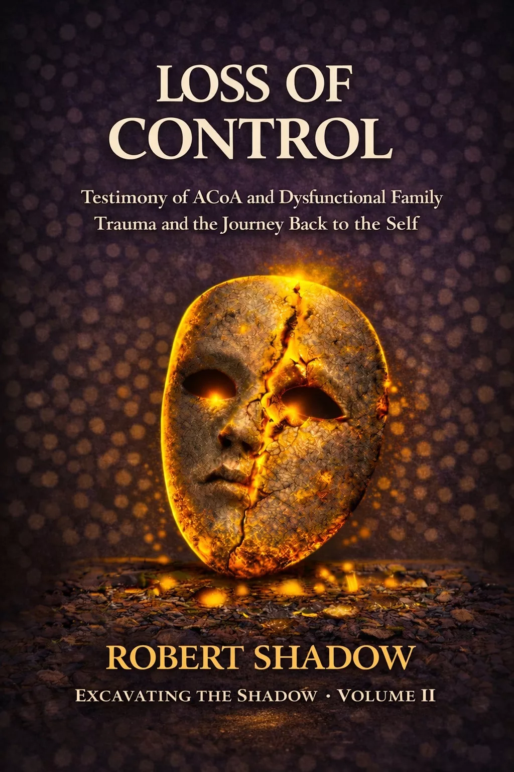 Book cover: “Loss of Control” by Robert Shadow (Excavating the Shadow, Volume II) — a cracked mask with glowing fissures.